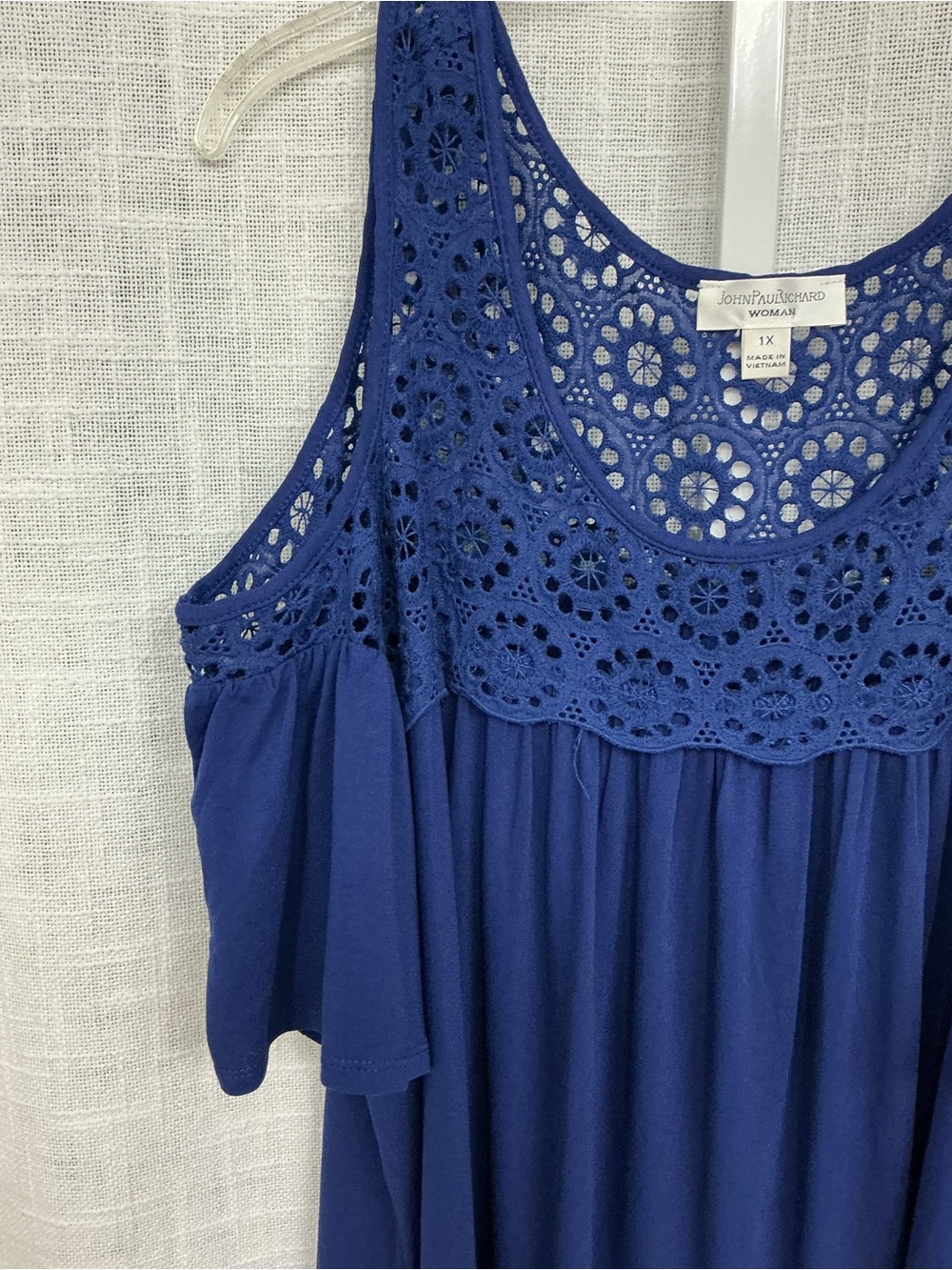 John Paul Richard Navy Blue Cold-Shoulder Crochet Yoke Tank